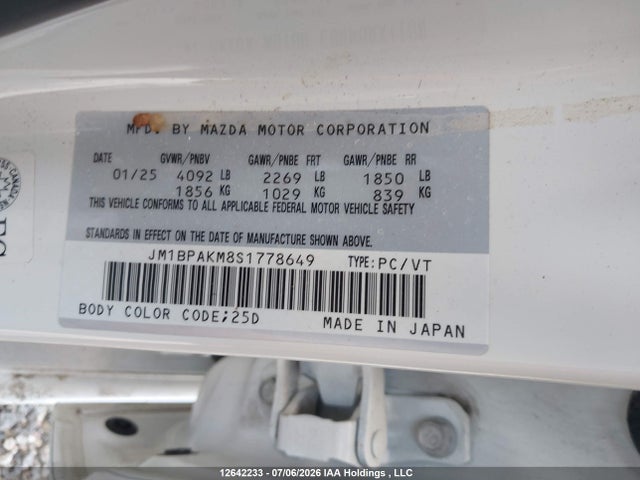 2025 Mazda Mazda3 მანქანა იყიდება აუქციონზე, vin: JM1BPAKM8S1778649, აუქციონის ნომერი: 12642233