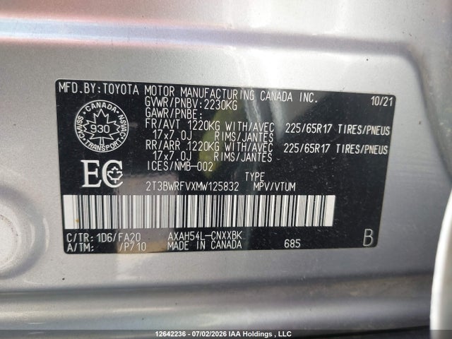 2021 Toyota Rav4 Hybrid Le მანქანა იყიდება აუქციონზე, vin: 2T3BWRFVXMW125832, აუქციონის ნომერი: 12642236