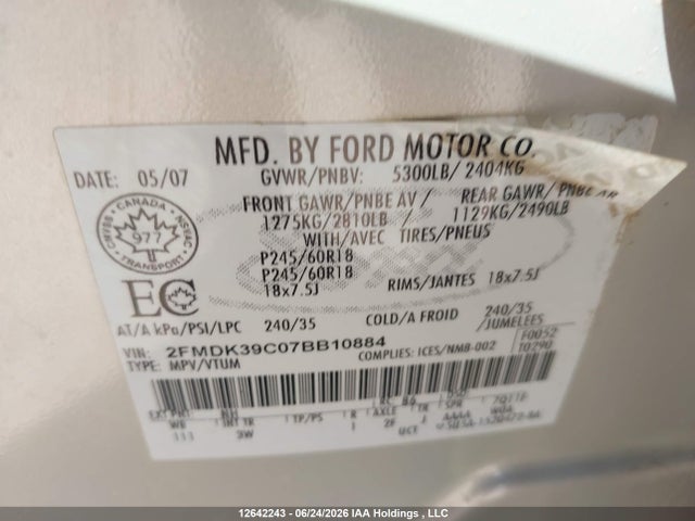 2007 Ford Edge Sel Plus მანქანა იყიდება აუქციონზე, vin: 2FMDK39C07BB10884, აუქციონის ნომერი: 12642243