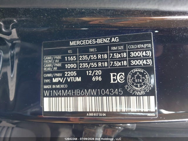 12642244 :رقم المزاد ، W1N4M4HB6MW104345 vin ، 2021 Mercedes-benz Glb 250 4matic مزاد بيع