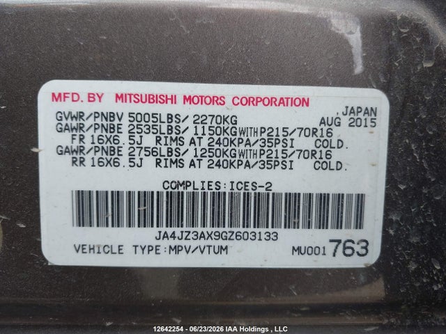 JA4JZ3AX9GZ603133 Mitsubishi Outlander Se/sel