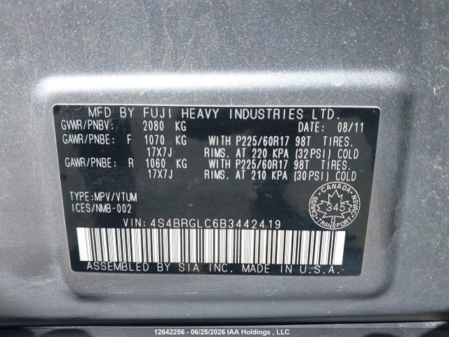 Продажа на аукционе авто 2011 Subaru Outback 2.5i Limited, vin: 4S4BRGLC6B3442419, номер лота: 12642256