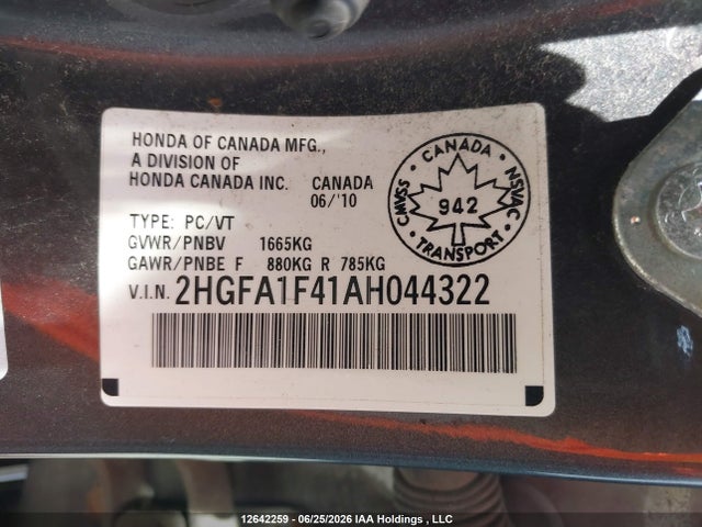 2010 Honda Civic Dx-g მანქანა იყიდება აუქციონზე, vin: 2HGFA1F41AH044322, აუქციონის ნომერი: 12642259