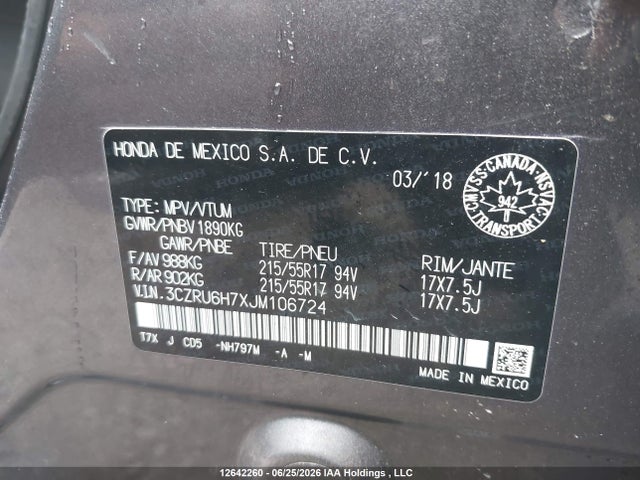 Aukcja sprzedaży 2018 Honda Hr-v Ex-l, vin: 3CZRU6H7XJM106724, numer aukcji: 12642260