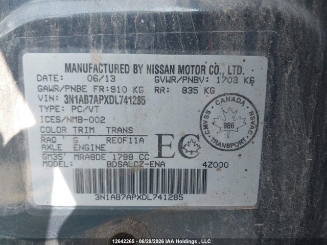Aukcja sprzedaży 2013 Nissan Sentra 1.8 S/1.8 Sv, vin: 3N1AB7APXDL741285, numer aukcji: 12642265