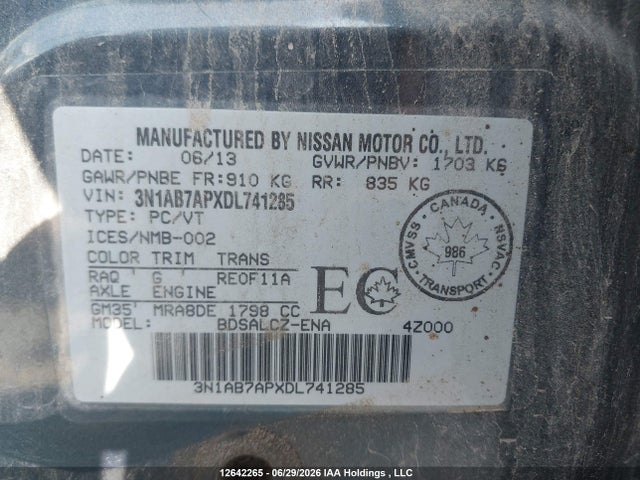 Aukcja sprzedaży 2013 Nissan Sentra 1.8 S/1.8 Sv, vin: 3N1AB7APXDL741285, numer aukcji: 12642265