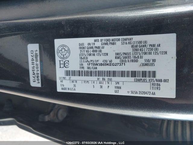 Auction sale of the 2019 Ford F350 Super Duty, vin: 1FT8W3B69KEG27371, lot number: 12642272