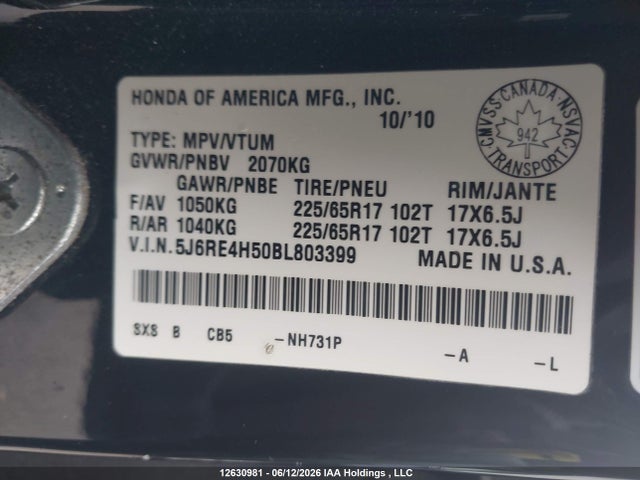 2011 Honda Cr-v Ex მანქანა იყიდება აუქციონზე, vin: 5J6RE4H50BL803399, აუქციონის ნომერი: 12630981