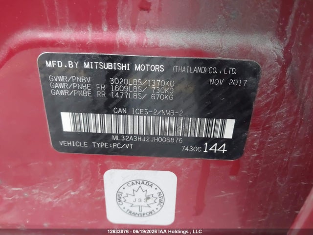 2018 Mitsubishi Mirage Es მანქანა იყიდება აუქციონზე, vin: ML32A3HJ2JH006876, აუქციონის ნომერი: 12633876