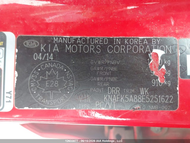 12633877 :رقم المزاد ، KNAFK5A88E5251622 vin ، 2014 Kia Forte 2.0l Ex/2.0l Lx+ مزاد بيع