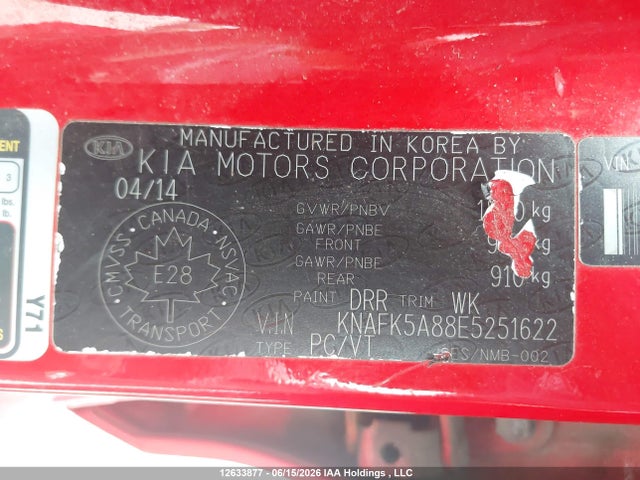 12633877 :رقم المزاد ، KNAFK5A88E5251622 vin ، 2014 Kia Forte 2.0l Ex/2.0l Lx+ مزاد بيع