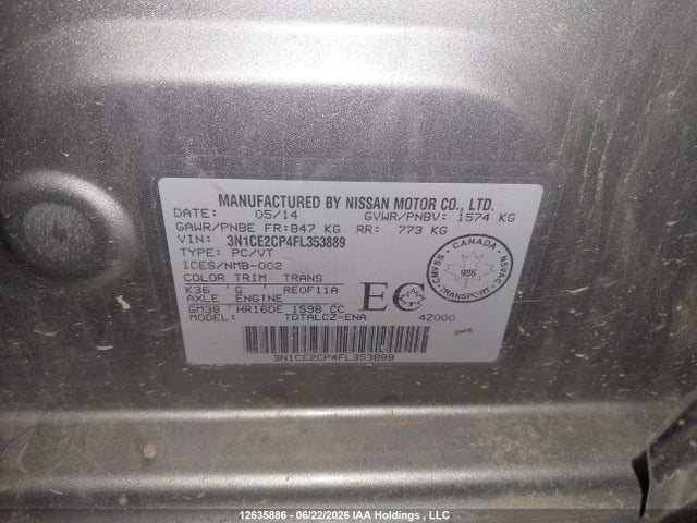 Aukcja sprzedaży 2015 Nissan Versa Note 1.6 S/1.6 Sl/1.6 Sr/1.6 Sv, vin: 3N1CE2CP4FL353889, numer aukcji: 12635886