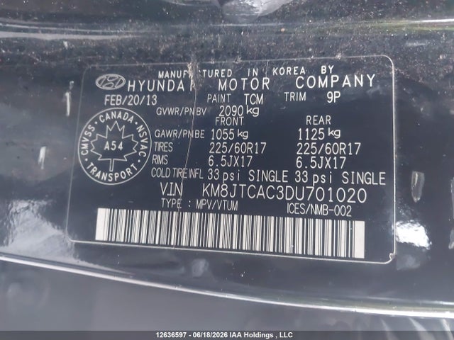 12636597 :رقم المزاد ، KM8JTCAC3DU701020 vin ، 2013 Hyundai Tucson Gl مزاد بيع