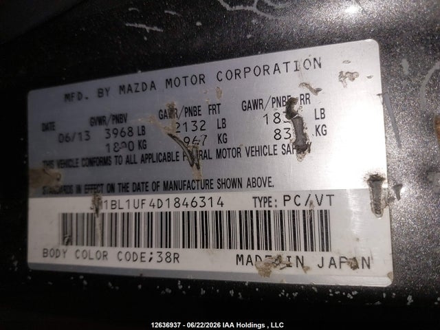 Продажа на аукционе авто 2013 Mazda Mazda3 Gx, vin: JM1BL1UF4D1846314, номер лота: 12636937