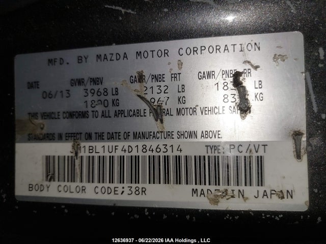 Продажа на аукционе авто 2013 Mazda Mazda3 Gx, vin: JM1BL1UF4D1846314, номер лота: 12636937