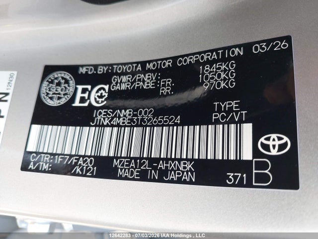 12642283 :رقم المزاد ، JTNK4MBE3T3265524 vin ، 2026 Toyota Corolla Cvt مزاد بيع