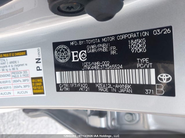 12642283 :رقم المزاد ، JTNK4MBE3T3265524 vin ، 2026 Toyota Corolla Cvt مزاد بيع