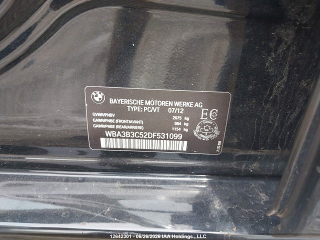 Продаж на аукціоні авто 2013 Bmw 3 Series, vin: WBA3B3C52DF531099, номер лоту: 12642301