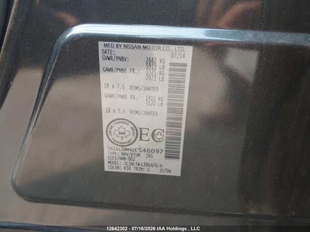 Aukcja sprzedaży 2014 Infiniti Qx60, vin: 5N1AL0MM4EC546097, numer aukcji: 12642302