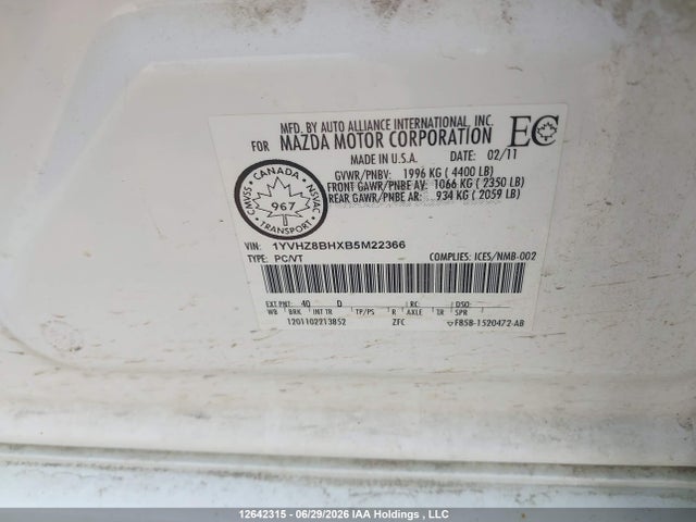 Aukcja sprzedaży 2011 Mazda 6 I, vin: 1YVHZ8BHXB5M22366, numer aukcji: 12642315