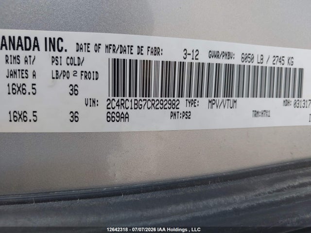 Продажа на аукционе авто 2012 Chrysler Town & Country Touring, vin: 2C4RC1BG7CR292982, номер лота: 12642318