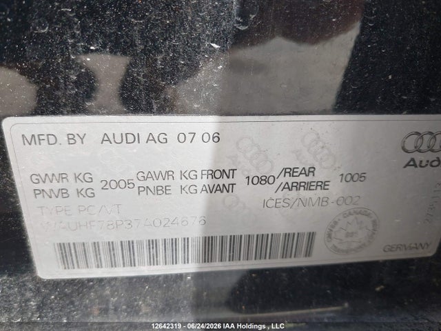 12642319 :رقم المزاد ، WAUHF78P37A024676 vin ، 2007 Audi A3 مزاد بيع