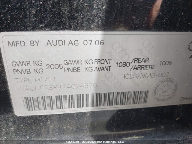 12642319 :رقم المزاد ، WAUHF78P37A024676 vin ، 2007 Audi A3 مزاد بيع