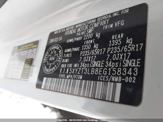12642330 :رقم المزاد ، 5XYZT3LB8EG158343 vin ، 2014 Hyundai Santa Fe Sport 2.4 Base مزاد بيع