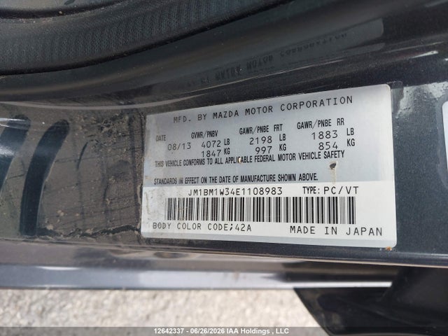 12642337 :رقم المزاد ، JM1BM1W34E1108983 vin ، 2014 Mazda Mazda3 Gt-sky مزاد بيع