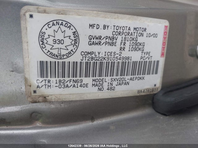 2001 Toyota Camry Ce/le მანქანა იყიდება აუქციონზე, vin: JT2BG22K910549981, აუქციონის ნომერი: 12642339