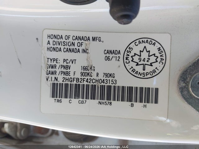 Продаж на аукціоні авто 2012 Honda Civic Lx, vin: 2HGFB2F42CH043153, номер лоту: 12642341