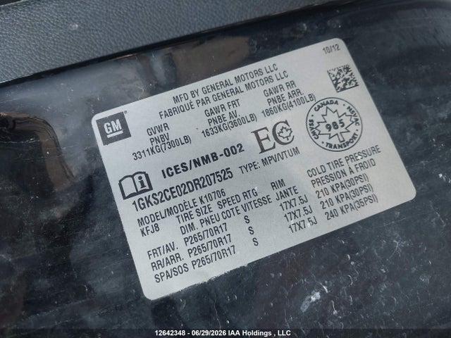 Aukcja sprzedaży 2013 Gmc Yukon Slt, vin: 1GKS2CE02DR207525, numer aukcji: 12642348