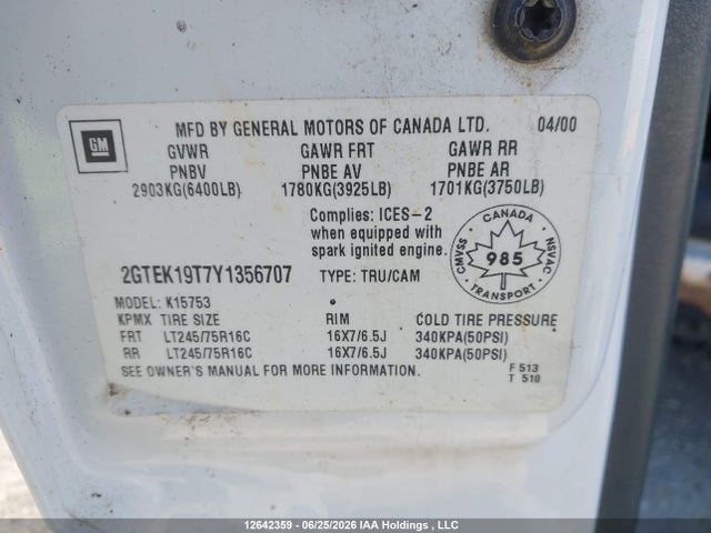 Aukcja sprzedaży 2000 Gmc New Sierra K1500, vin: 2GTEK19T7Y1356707, numer aukcji: 12642359