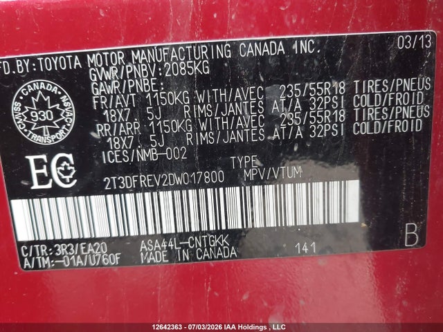 12642363 :رقم المزاد ، 2T3DFREV2DW017800 vin ، 2013 Toyota Rav4 Limited مزاد بيع