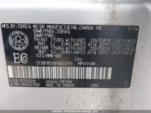2T3DFREVXFW263741 Toyota Rav4 Limited