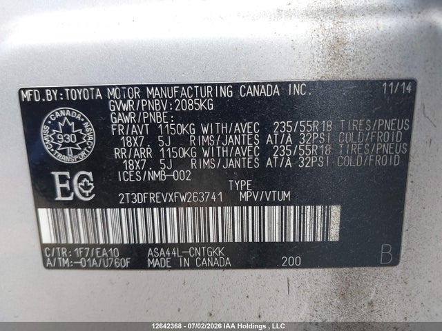 2T3DFREVXFW263741 Toyota Rav4 Limited