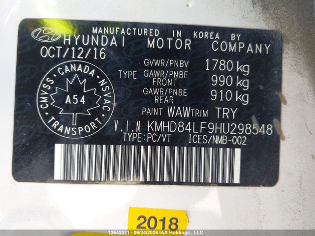12642371 :رقم المزاد ، KMHD84LF9HU298548 vin ، 2017 Hyundai Elantra Gls مزاد بيع