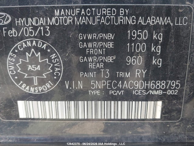 Продаж на аукціоні авто 2013 Hyundai Sonata Se/limited, vin: 5NPEC4AC9DH688795, номер лоту: 12642375