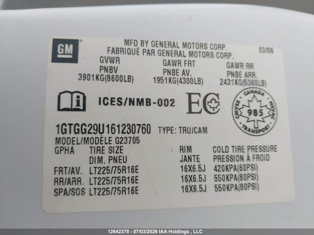 Aukcja sprzedaży 2006 Gmc Savana G2500, vin: 1GTGG29U161230760, numer aukcji: 12642378