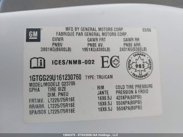 Aukcja sprzedaży 2006 Gmc Savana G2500, vin: 1GTGG29U161230760, numer aukcji: 12642378