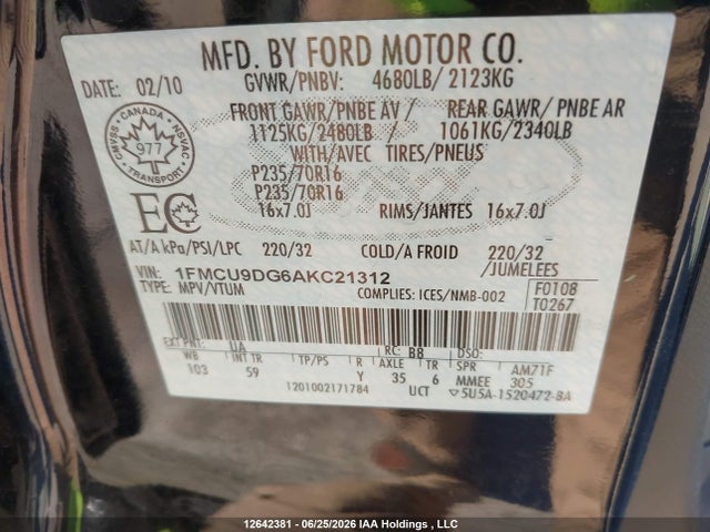 2010 Ford Escape Xlt მანქანა იყიდება აუქციონზე, vin: 1FMCU9DG6AKC21312, აუქციონის ნომერი: 12642381