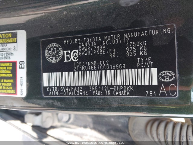 2012 Toyota Matrix მანქანა იყიდება აუქციონზე, vin: 2T1KU4EE4CC816969, აუქციონის ნომერი: 12642382