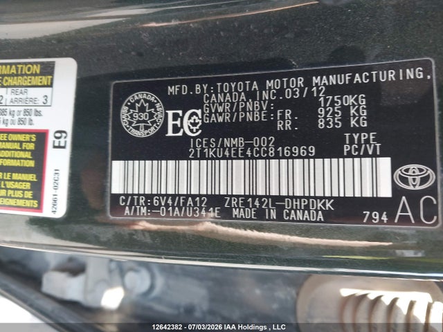 2012 Toyota Matrix მანქანა იყიდება აუქციონზე, vin: 2T1KU4EE4CC816969, აუქციონის ნომერი: 12642382