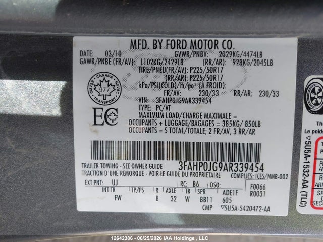 Продажа на аукционе авто 2010 Ford Fusion Sel, vin: 3FAHP0JG9AR339454, номер лота: 12642386