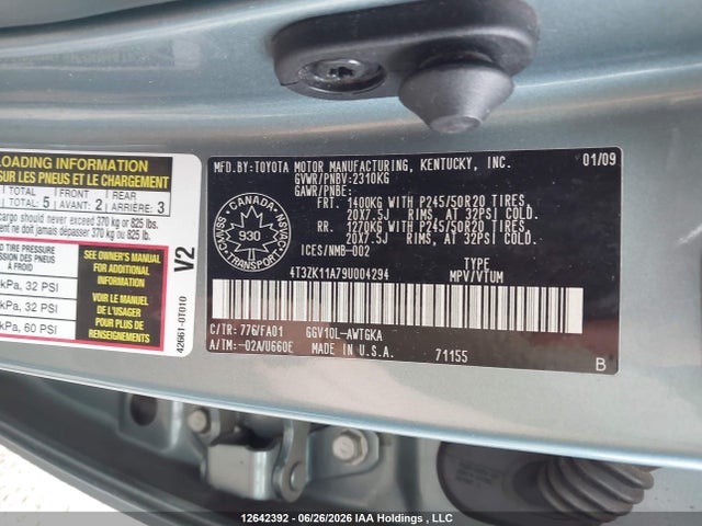 2009 Toyota Venza Base V6 მანქანა იყიდება აუქციონზე, vin: 4T3ZK11A79U004294, აუქციონის ნომერი: 12642392