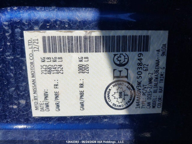 1N4AA6DV3NC503849 Nissan MAXIMA SL