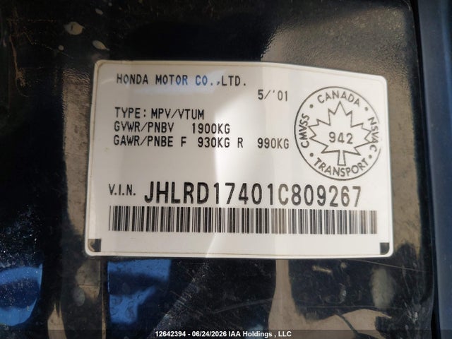 2001 Honda Cr-v Lx მანქანა იყიდება აუქციონზე, vin: JHLRD17401C809267, აუქციონის ნომერი: 12642394