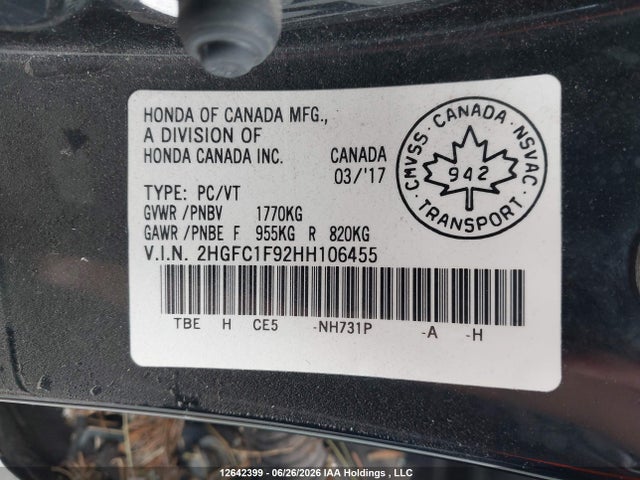 Aukcja sprzedaży 2017 Honda Civic Touring, vin: 2HGFC1F92HH106455, numer aukcji: 12642399