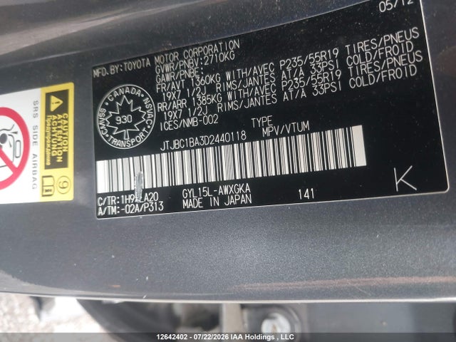 12642402 :رقم المزاد ، JTJBC1BA3D2440118 vin ، 2013 Lexus Rx 450h مزاد بيع