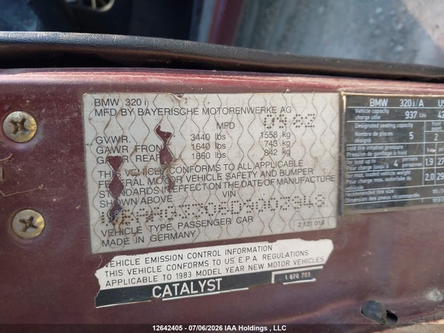 Aukcja sprzedaży 1983 Bmw 320 I, vin: WBAAG3306D9003948, numer aukcji: 12642405